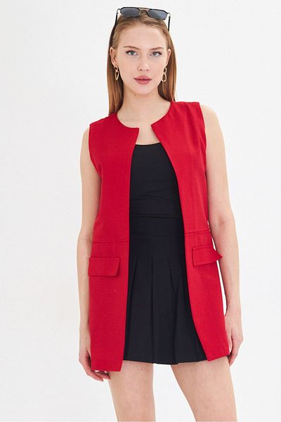 armonika Women's Red Crew Neck Vest with Stitching Detail on the Waist Arm-25Y 001019