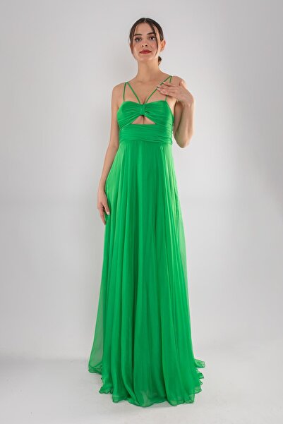 DORİDORCA 5016 Μακρύ φόρεμα από κρυστάλλινο σιφόν με κρεμαστό λουράκι μέσης