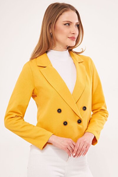 armonika Women's Mustard Double Breasted Collar Gabardine Crop Jacket ARM-24Y001010