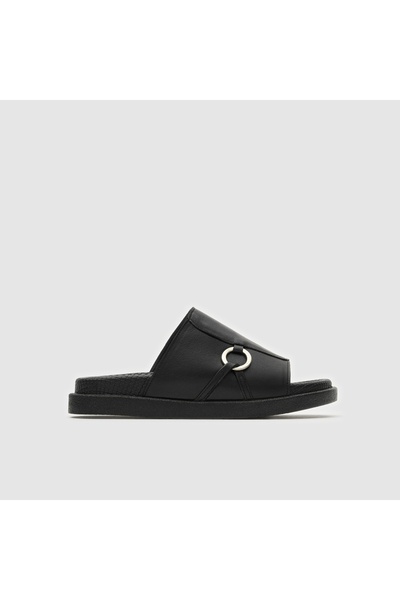TOGO Siyah Hakiki Deri Kadın Toka Detaylı Comfort Terlik [060213]