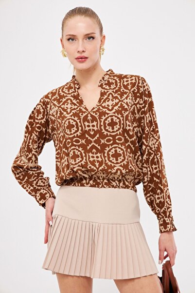 armonika Καφέ μπλούζα με λαιμόκοψη V με λεπτομέρεια ελαστική μέση - ARM-25K 001003