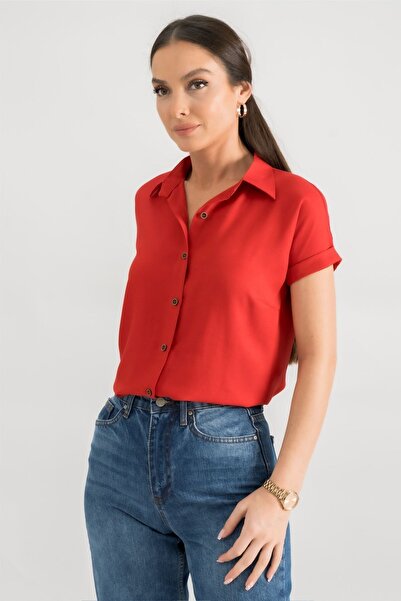 armonika Women's Red Short Sleeve Shirt ARM-19Y001065