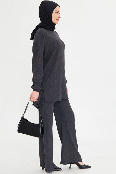 armonika Smoked Women's Hijab Two-Piece Set - Neck Neck with Elastic Sleeves and Side Slit Pants Arm-25K 001109