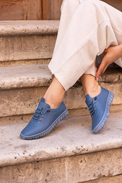 LUXEON Kadın Mavi Hakiki Deri Lastik Bağcıklı Tam Ortopedik Şeffaf Taban Sneaker Şık Günlük Klasik Ayakkabı