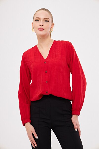 armonika Kadın Kırmızı Kolu Lastikli Bürümcük Gömlek ARM-24K001002