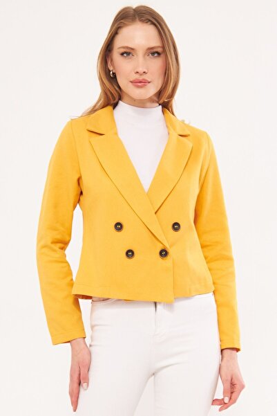 armonika Women's Mustard Double Breasted Collar Gabardine Crop Jacket ARM-24Y001010