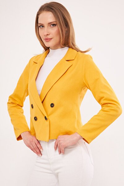 armonika Women's Mustard Double Breasted Collar Gabardine Crop Jacket ARM-24Y001010