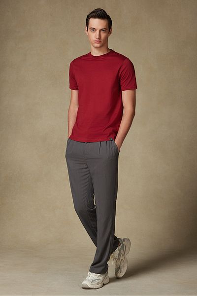 Abbate Cotton Relaxed Cut Comfort Fit Basic Plain Short Sleeve Crew Neck Claret Red T-Shirt T-Shirt