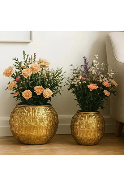 Zuccara Maison Metal Vazo / Saksılık Seti – Altın Renkli, Dokulu Tasarım