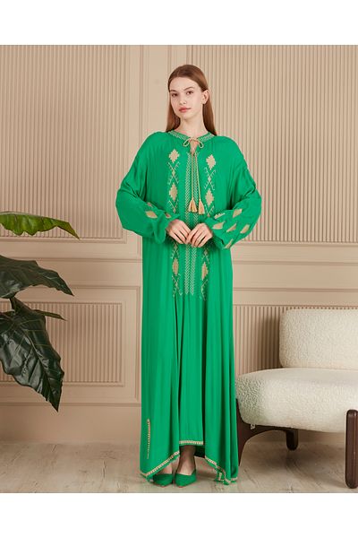 EL jadida Women's Embroidered Plus Size Viscose Long Dress Green