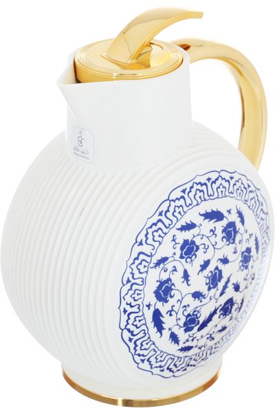 Alsaif Gallery Al Jawhara Thermos, White, Blue Rose Pattern, Golden Handle, 0.9 Liters