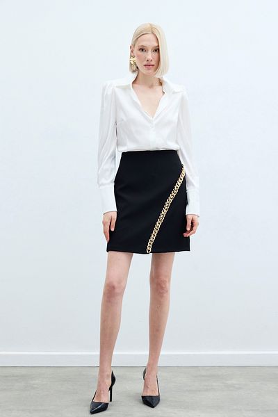 Sateen Mini Skirt with Chain Accessory - BLACK