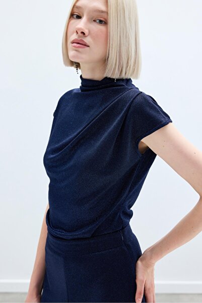 Sateen Боді з блискітками та високим коміром - СИНІЙ