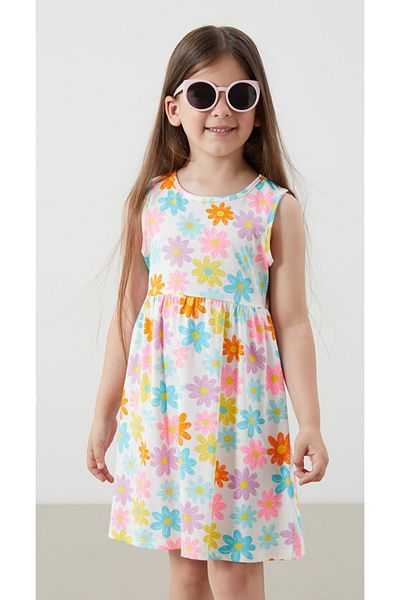 LC Waikiki Lcw Baby Ecru Crew Neck Floral Girls' Combed Cotton Dress