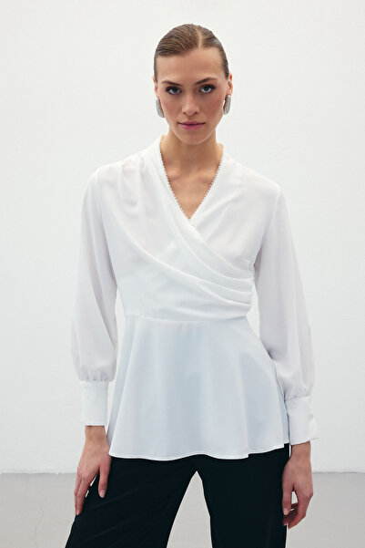 Sateen Boncuklu Yaka Kruvaze Bluz - Ekru