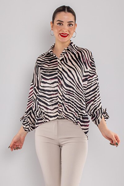 AYHAN 50630-5 Gradient Zebra Pattern Sleeve End Drawstring Satin Blouse