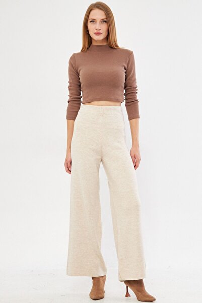 armonika Women's Beige Elastic Waist Knitwear Palazzo Trousers Arm-25K 069003