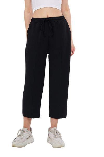 THIFF GYMWEAR Black Ultra Soft, Stitching Detailed Carrot Cut Lace-Up Elastic Ankle Length Women's Modal Trousers