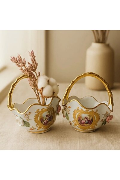 Zuccara Maison 2'li El İşçiliği Porselen Dekoratif Sepet – Altın Yaldızlı, Fi...