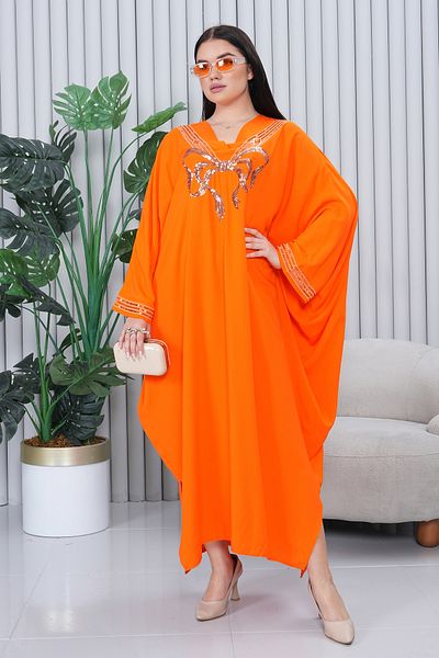 EL jadida Women's Sequin Sequin Embroidered Plus Size Viscose Long Dress Orange