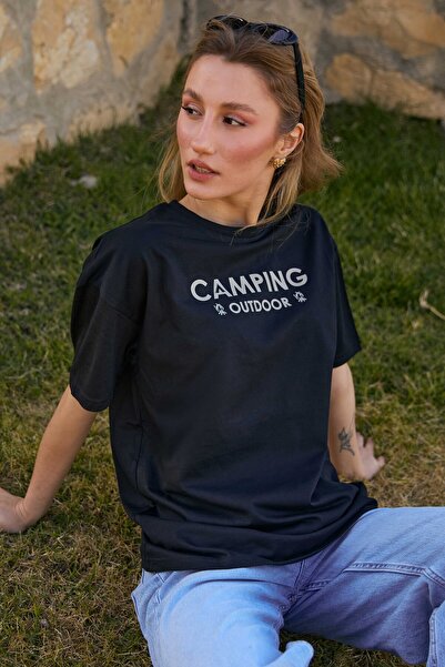 Velvoria Unisex supradimensionat Black Camping tricou