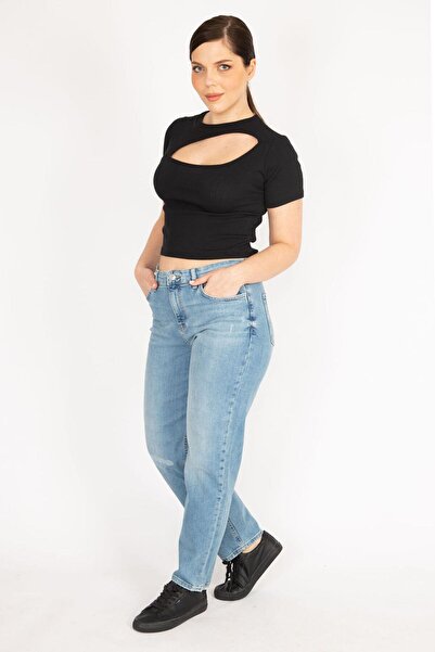 Şans Blugi de damă cu 5 buzunare cu efect de spălare de mărime mare albastră 65n36187