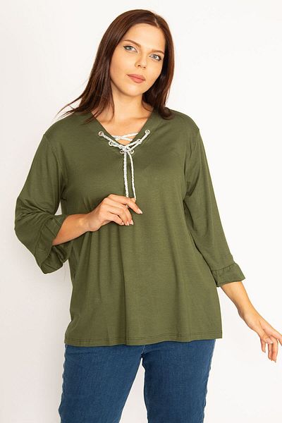 Şans Women's Large Size Khaki Collar Eyelet Lace Detailed Sleeve Ruffle Gathered Blouse 65n34648