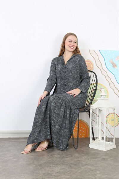 Şans Γυναικείο Μακρύ Φόρεμα με Τσέπες Μεγάλου Μεγέθους Γκρι Υφαντό Βισκόζη Oversize 65N38738