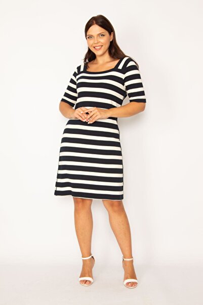 Şans Жіноче велике розмір темно-синє плаття з квадратним коміром і смужками 65n34177