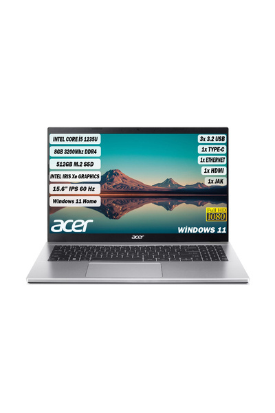 ACER Aspire3 Intel Core i5-1235U 8GB 512GB SSD 15,6" Full HD IPS Windows11 Gümüş Laptop NX.K6TEY.002