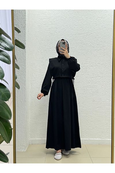 MİHRA STORE Γυναικείο Φόρεμα Hijab Bolero -liyan Φόρεμα με ελαστικό γιλέκο μέσης-mf1750 Μαύρο