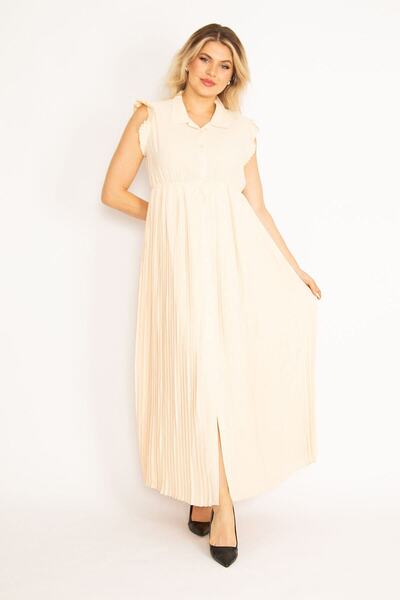 Şans Tekstil Women's Powder Skirt and Sleeve Pleat Detailed Front Button Dress 26a34742