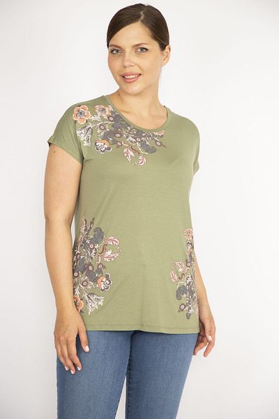 Şans Γυναικεία κοντομάνικη μπλούζα Khaki Plus Size Crew εμπρός με στάμπα κοντομάνικη μπλούζα 65n36666