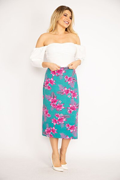 Şans Women's Large Size Green Elastic Waist Lycra Viscose Skirt 65n34675