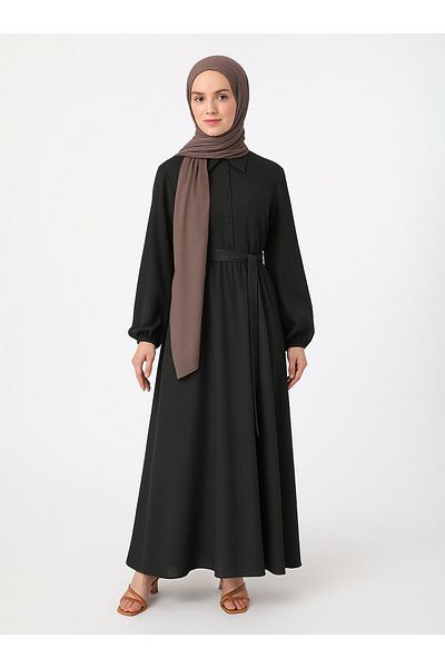Refka Φόρεμα Hijab με Ζώνη με Λεπτομέρεια Κουμπιού - Μαύρο - Refka