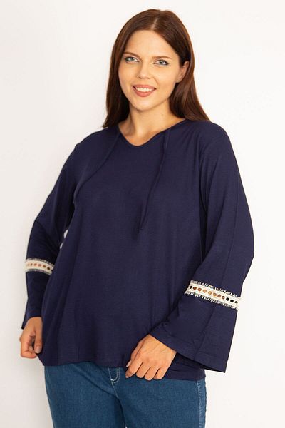 Şans Women's Large Size Navy Blue Lace Detailed Blouse 65n34649