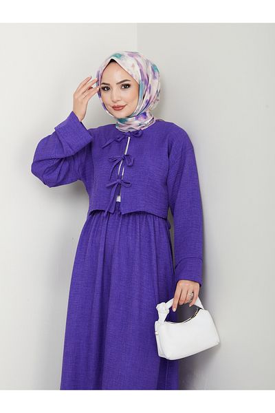 exxitcollection Women's Sofia Linen Hijab Purple Three-Tie Skirt Kimono Set