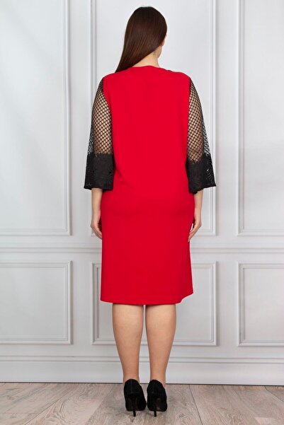 Şans Women's Large Size Red Lace Detailed Dress 65n20604