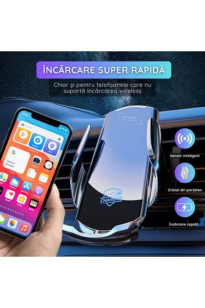 VRSmarty Suport Auto Telefon Premium VRSmarty , Fast Charge Wireless sau Cu Mufe Adaptoare