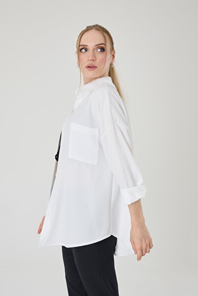 Hazel Tek Cepli Oversize Keten Gömlek- Beyaz