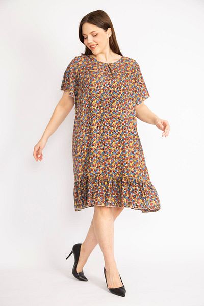 Şans Women's Blue Plus Size Crew Neck Skirt Layered Dress 65n36294