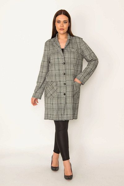 Şans Women's Large Size Gray Plaid Patterned Unlined Front Button Pocket Long Jacket 65n31946