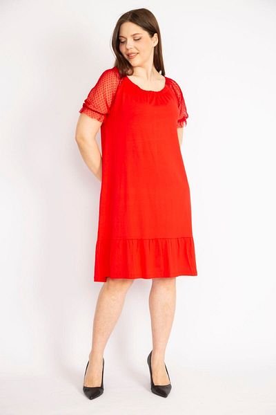 Şans Women's Red Plus Size Sleeves Tulle Collar Rubber Detailed Skirt Tip Layered Dress 65n36289