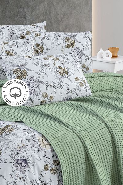 SUVAY 100% Cotton Green Double Bedspread Pique, Waffle Pattern
