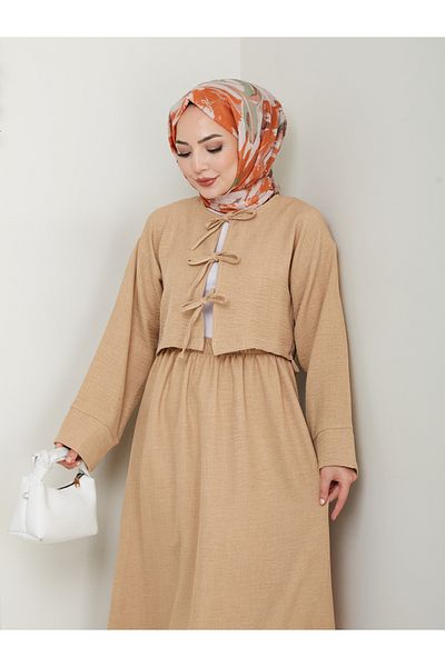 exxitcollection Women's Sofia Linen Hijab Beige Stone Three-Tie Skirt Kimono Set