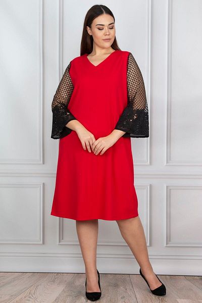 Şans Women's Large Size Red Lace Detailed Dress 65n20604