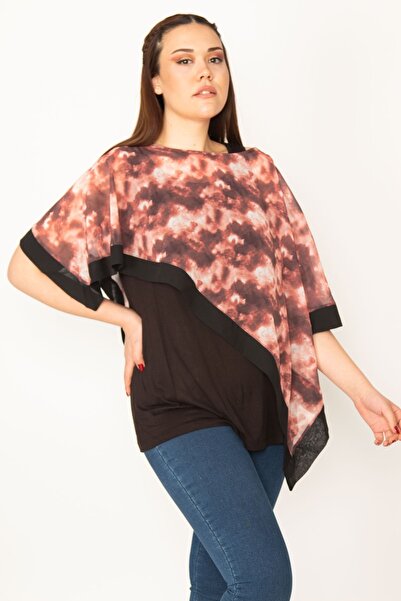 Şans Women's Large Size Black Chiffon Cape Tunic with Viscose Undershirt 65n31536