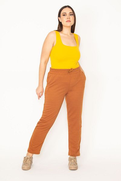 Şans Women's Large Size Tan Elastic Waist Tracksuit Bottom 65n31399