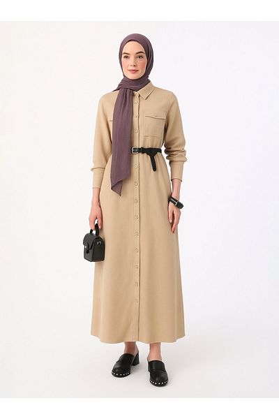 Refka Μπεζ Φόρεμα Hijab - Ζώνη Ποπλίνα Λεπτομέρεια Κουμπί με λεπτομέρεια Refka