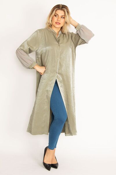 Şans Γυναικείες υφασμάτινες μανσέτες μεγάλου μεγέθους πράσινες Lurex με λεπτομέρεια σιφόν Judge γιακά μπροστά με κουμπιά μακριά κάπα 65n28483